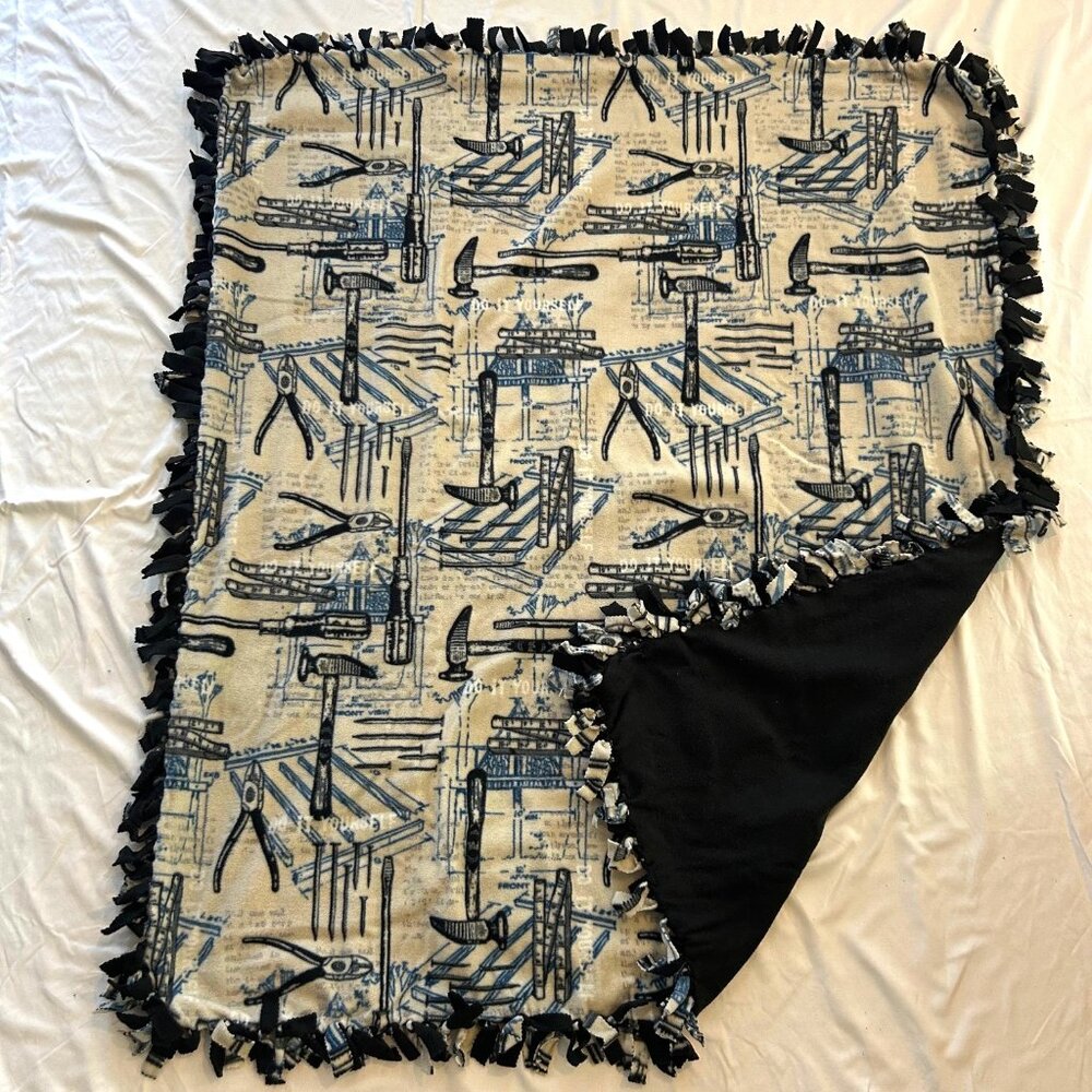 Handmade Soft Reversable Soft Tie Large Throw Fleece Blanket "Tool Time"